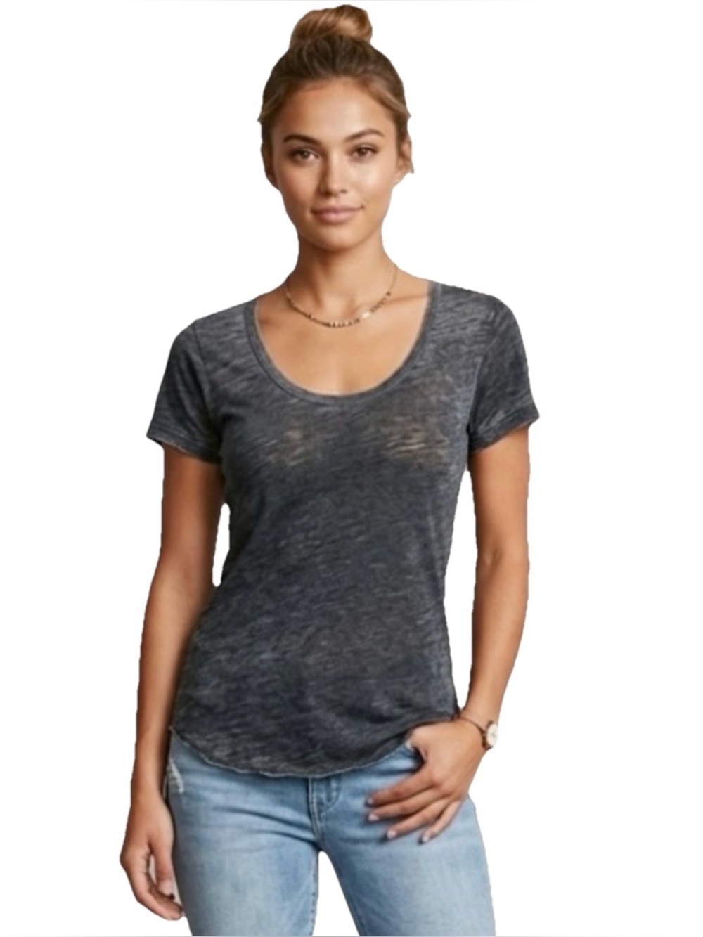 Chaser Vintage Wash Short Sleeve Sheer Distressed Women’s Gray T Shirt Sz Medium